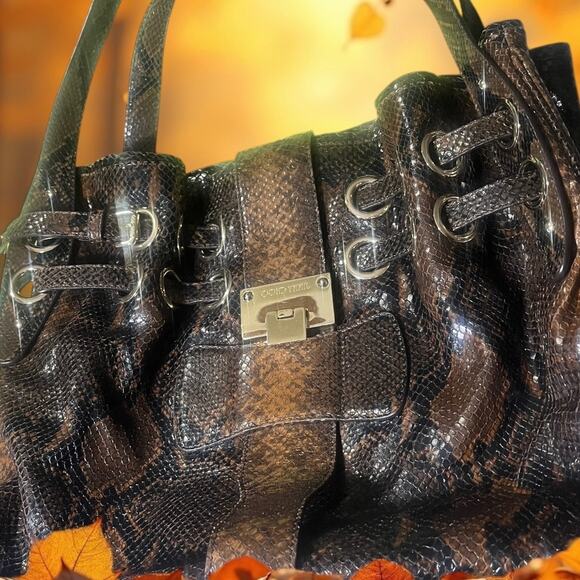 Jimmy Choo Ramona Brown Snakeskin Embossed Leather Cinched Satchel Bag - Picture 1 of 13